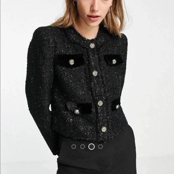 River Island Black Button Front Tweed Boucle Blazer Jacket Size 12 - Picture 1 of 7